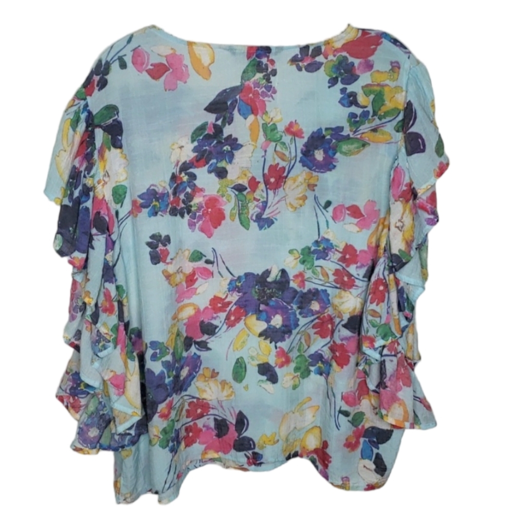 Zac & Rachel Side Ruffle Floral Top Blue Purple Pink Yellow Print Size L - Picture 2 of 7